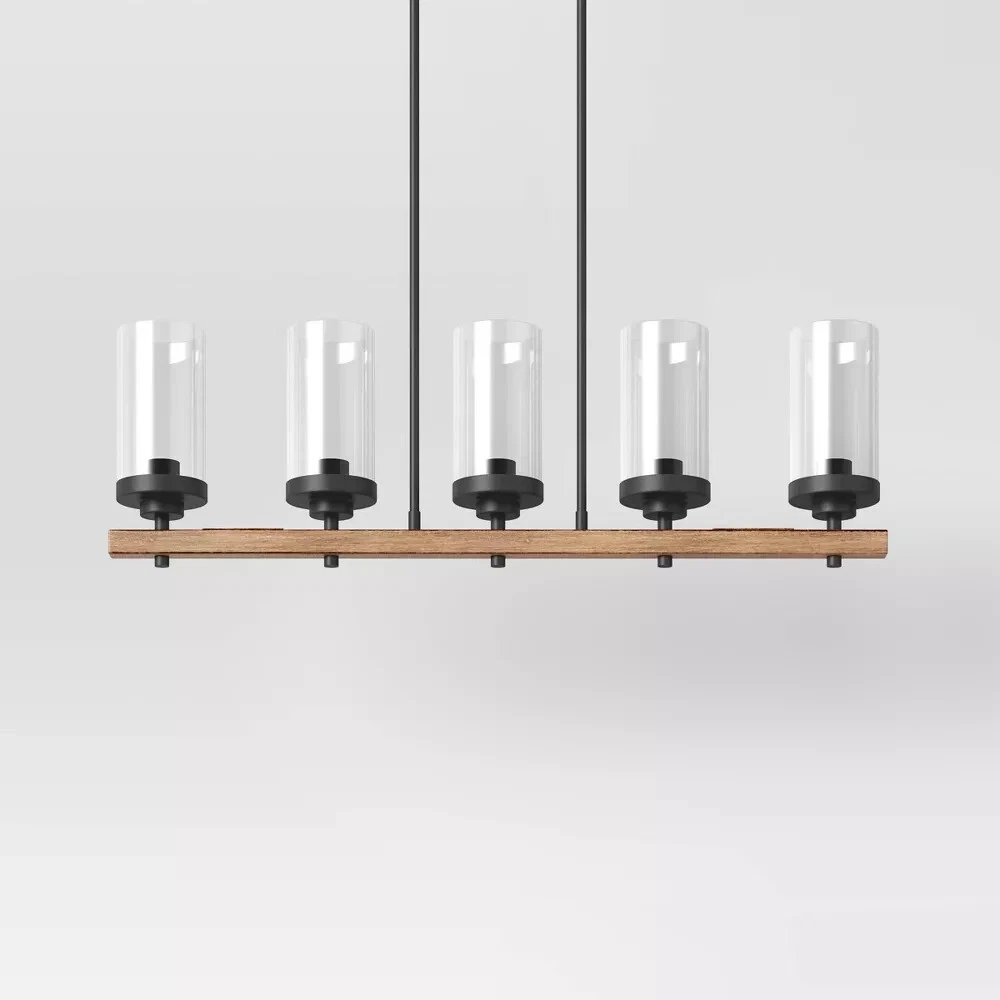Wood Linear Ceiling Chandelier Wood Tone - Threshold™: Brass Finish, Glass Shade